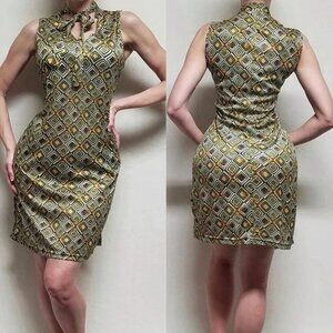 70s Vintage Headliners Sport Retro Geometric Print Tie-Neck Mod Mini Dress 2X